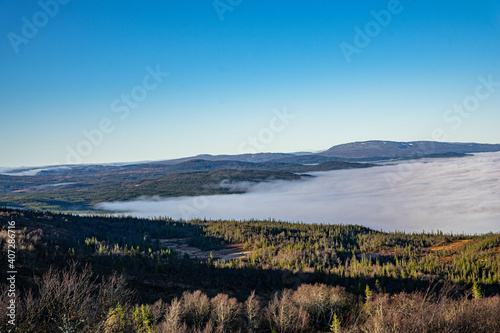 Fog over a valley of Lierne national park in Norway © Fridimedia