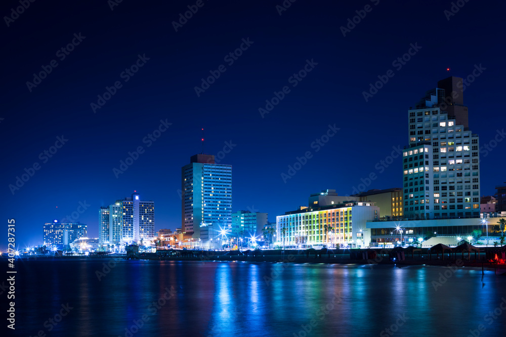 Tel Aviv City At Night, Tel Aviv City At Night, City Lights Reflected On Water