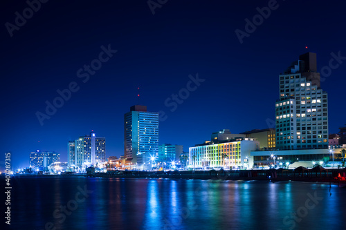 Tel Aviv City At Night, Tel Aviv City At Night, City Lights Reflected On Water