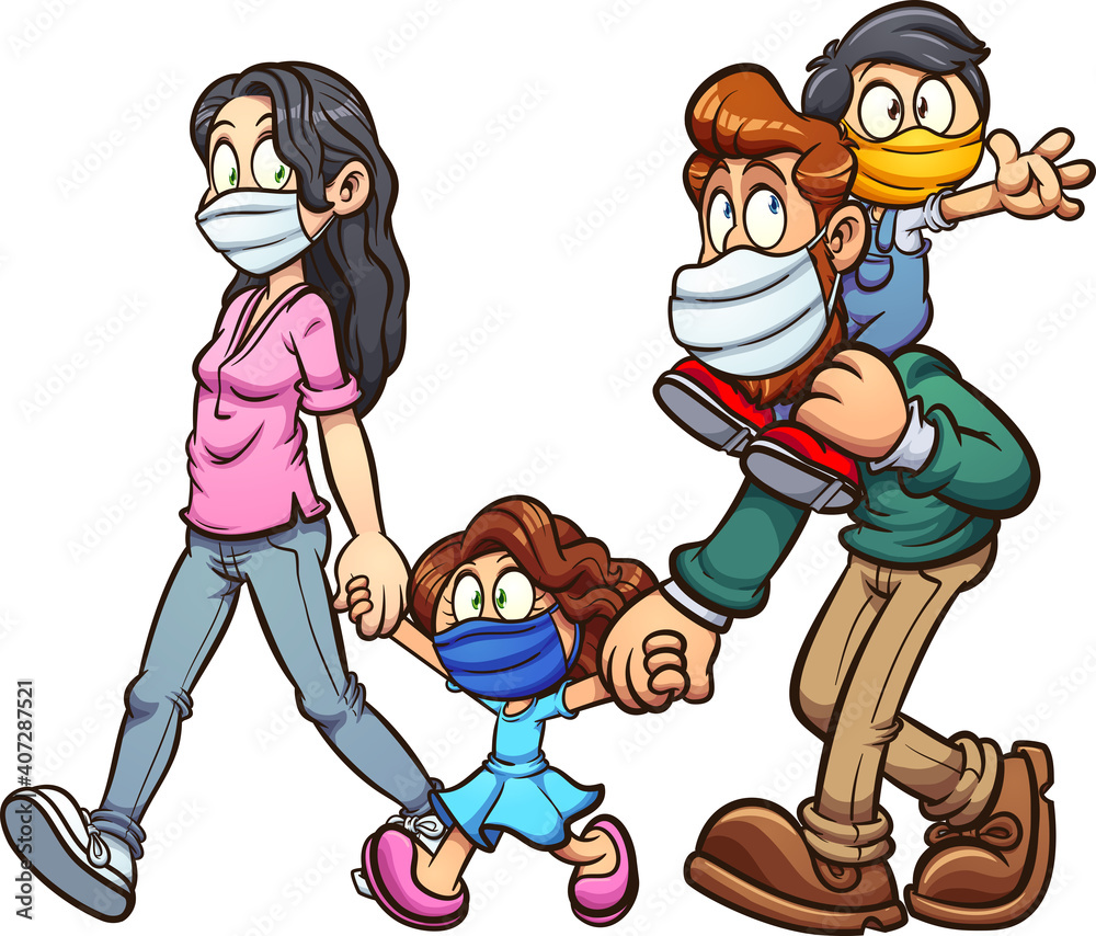 Family wearing face masks cartoon. Vector clip art illustration with