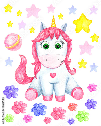 Cute watercolor girls set - Little princess. Cute watercolor unicorn clip art. 