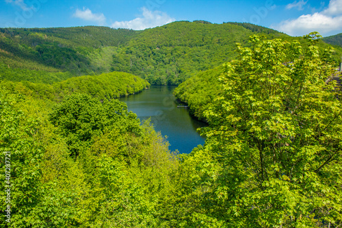 Lake Urft at Eifel National Park, Germany. Scenic view of lake and river Urft and surrounded lush green landscape in North Rhine-Westphalia