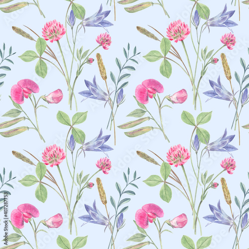 Summer seamless pattern of meadow flowers on sky-blue background. Elegant design, perfect for farmhouse and cottage styles. Watercolor hand painted elements - clover, sweet peas, bluebells and herbs.