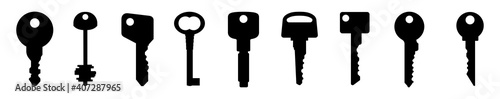 Set of black silhouettes of door keys. Key icon set.Vintage key antique door key isolated on white background. Keys and padlock silhouette. Vector illustration.