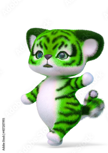 cute tiger cartoon passing by in white background