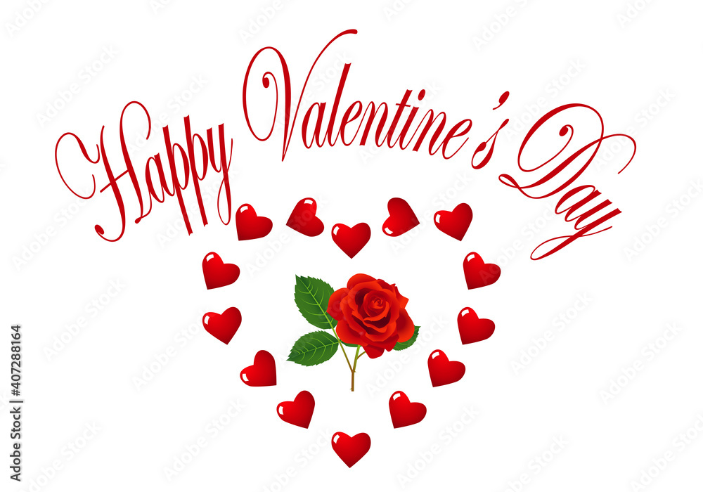 Feliz día de San Valentín con corazones y rosas rojas sobre fondo blanco