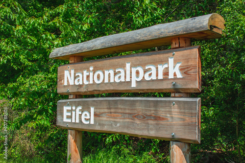 Nationalpark Eifel. Wooden information sign to Eifel National Park in North Rhine-Westphalia, Germany