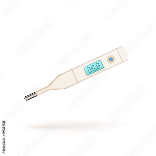 Bright glossy realistic medical thermometer with temperature of ill human on white