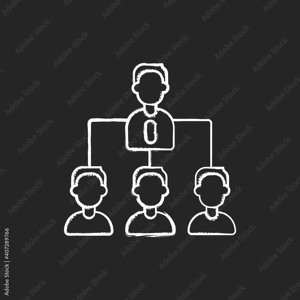 Traditional company structure chalk white icon on black background. Leader and multiple subordinates layers. Hierarchy in business. Traditional organization. Isolated vector chalkboard illustration Traditional company structure chalk white icon on black background. Leader and multiple subordinates layers. Hierarchy in business. Traditional organization. Isolated vector chalkboard illustration