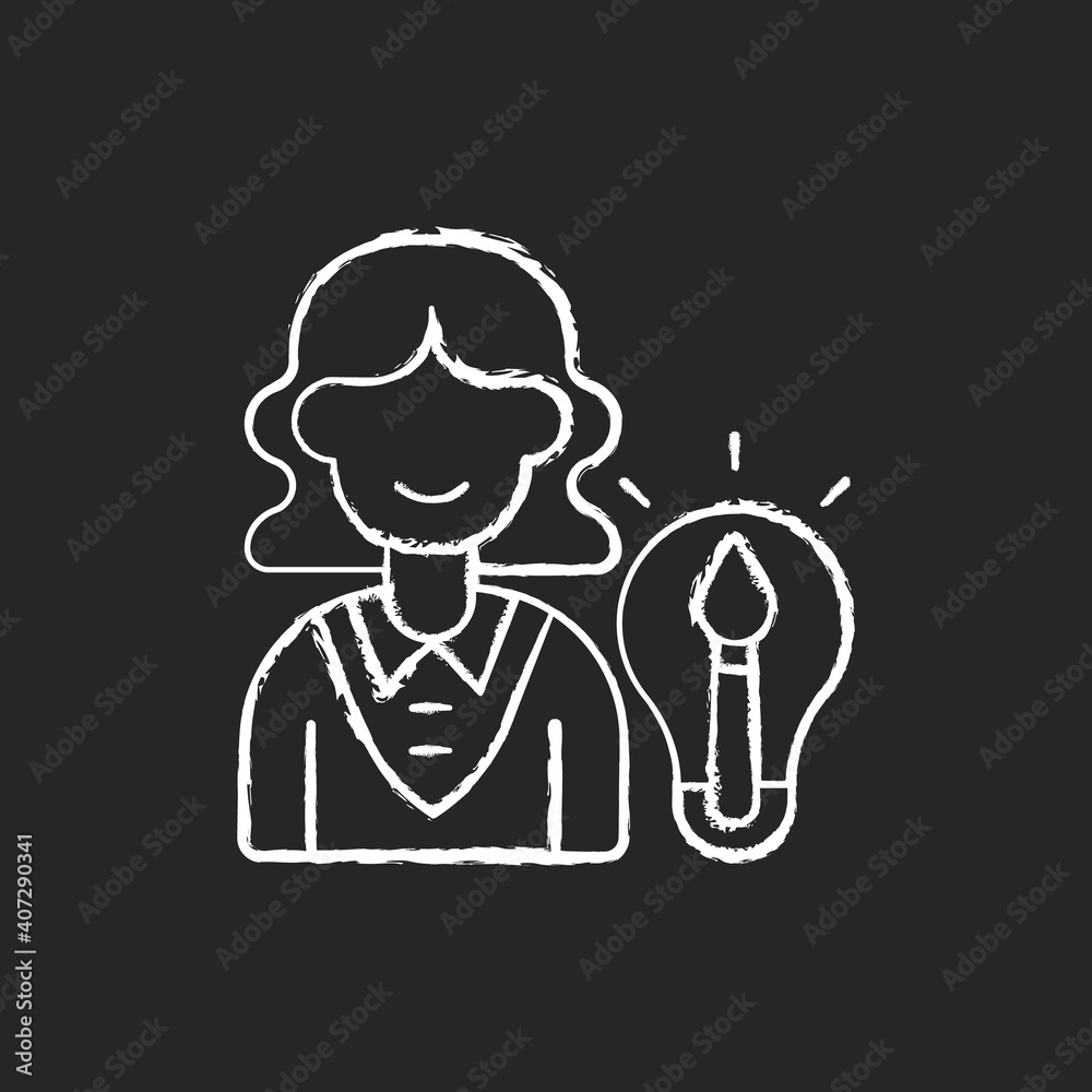 Creative department chalk white icon on black background. Generating ideas. Creating brand image for company. Art direction and copywriting. Artist, writer. Isolated vector chalkboard illustration Creative department chalk white icon on black background. Generating ideas. Creating brand image for company. Art direction and copywriting. Artist, writer. Isolated vector chalkboard illustration