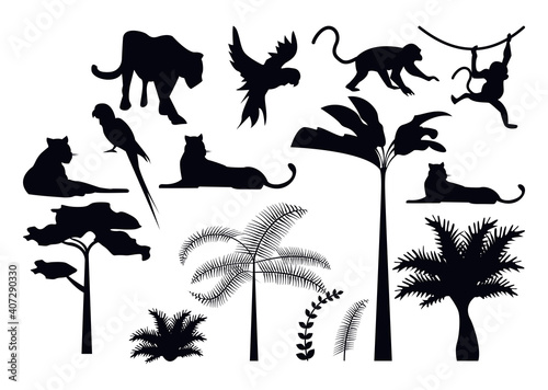 bundle of jungle animals and plants silhouettes