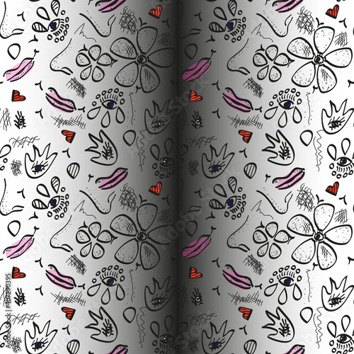 Sketchbook pages with black hand drawn doodle flowers with eyes, nose, lips, decor on white background. Vector drawing for background, wallpaper design, textile, banner.