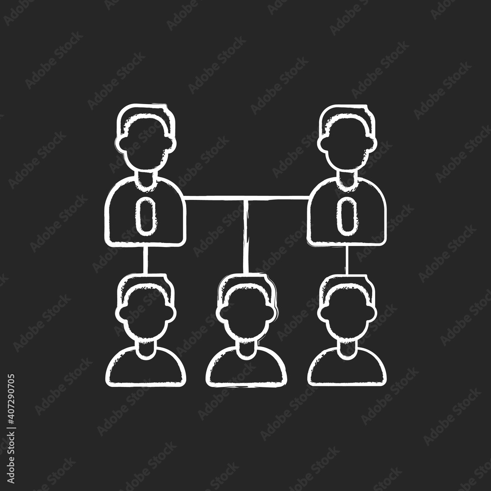 Organic company structure chalk white icon on black background. Horizontal interactions among employees. Flat reporting hierarchy. Leadership and personnel. Isolated vector chalkboard illustration Organic company structure chalk white icon on black background. Horizontal interactions among employees. Flat reporting hierarchy. Leadership and personnel. Isolated vector chalkboard illustration