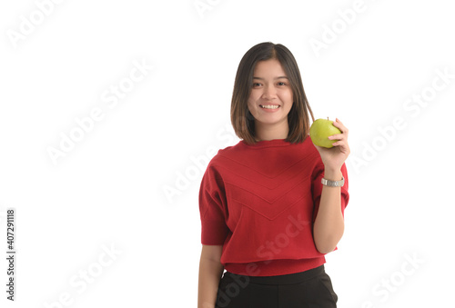 Portrait asian woman is holding an apple and a pear with one hand showing ecstasy on white background. Asian model. Cute woman.