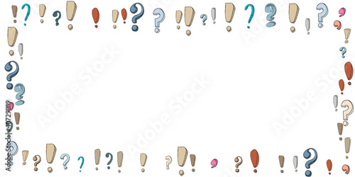 Frame pattern with hand drawn punctuation marks. Doodle punctuation marks in grunge texture style. Colorful poll template. Design for query background, faq, interrogation, quiz, poll. Vector