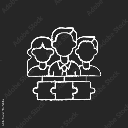 Team chalk white icon on black background. Working together. Cooperation for accomplishing purpose and tasks. Workplace teammates. Teamwork, collaboration. Isolated vector chalkboard illustration