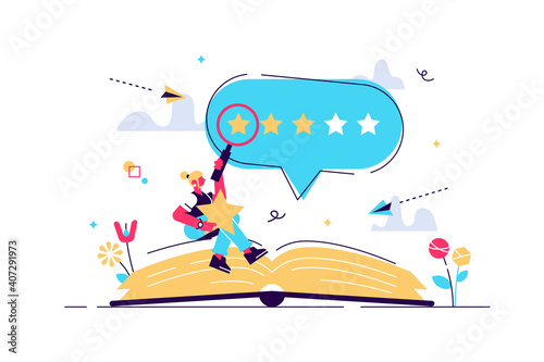 Book review vector illustration. Reading feedback flat tiny