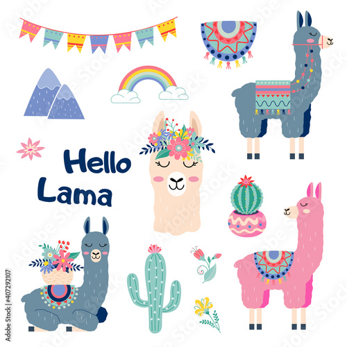 Cute cartoon sticker lama set with cactus rainbow mountains vector design on white