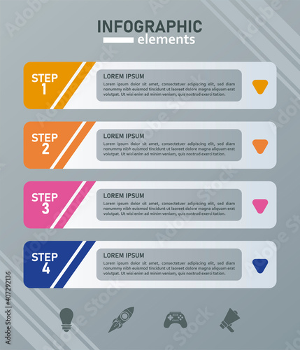 statistics infographics steps with arrows down in gray background