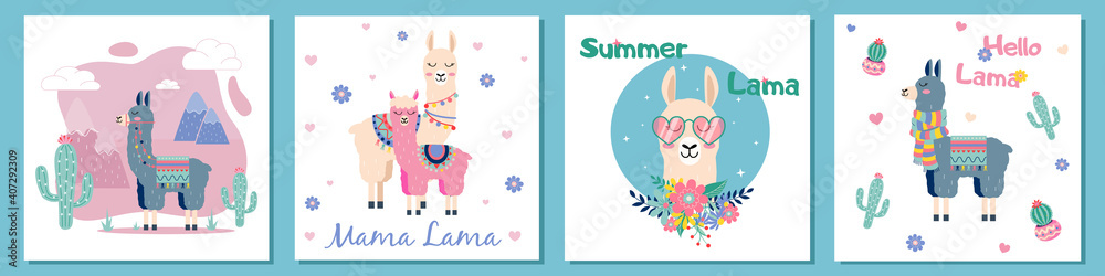 Obraz premium Cute cartoon lama set with cactus rainbow Summer Lama vector design on white