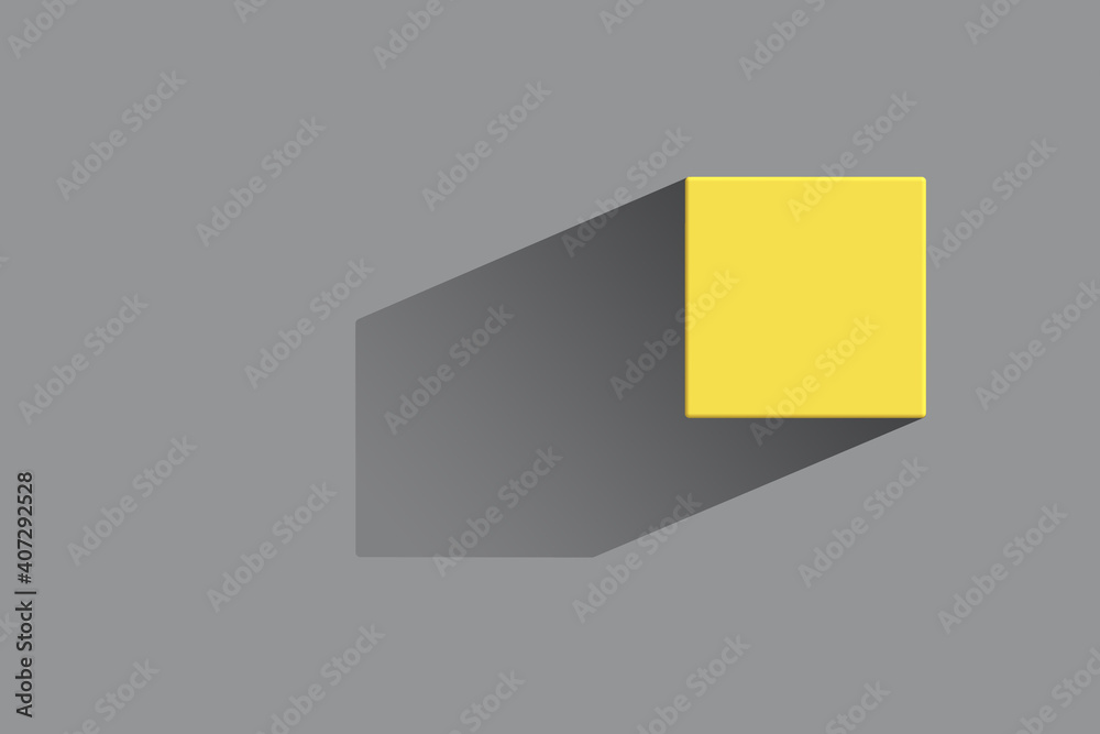 Yellow cube with a sharp shadow on a gray background. Colored in 2021 color trends Ultimate Gray and Illuminating. Minimalist style. Yellow cube with a sharp shadow on a gray background. Colored in 2021 color trends Ultimate Gray and Illuminating. Minimalist style.