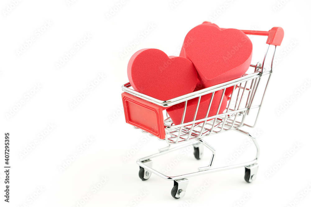 grocery cart and hearts inside, the concept of love by calculation grocery cart and hearts inside, the concept of love by calculation