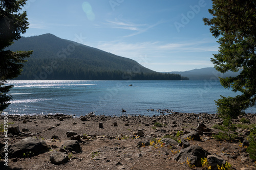 Beautiful day Cultus Lake Oregon with kayak on water