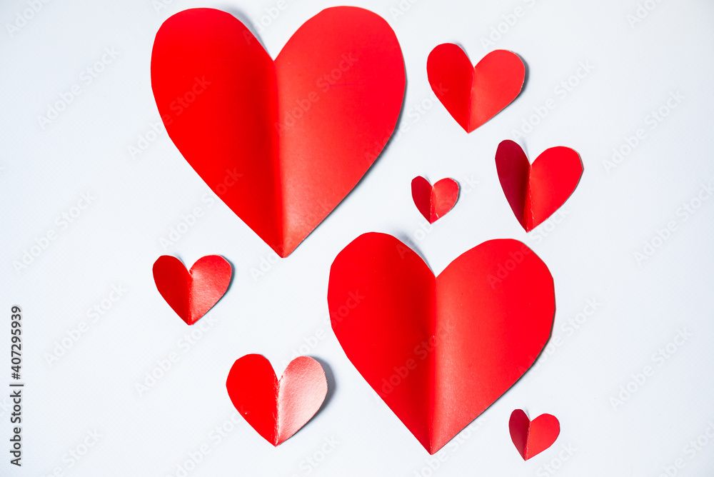 Valentines Day red paper hearts, holiday background