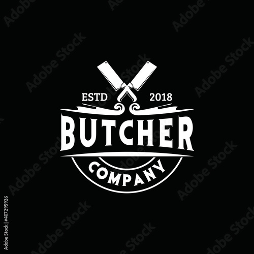 Vintage Retro Butcher shop label logo design with crossed cleavers