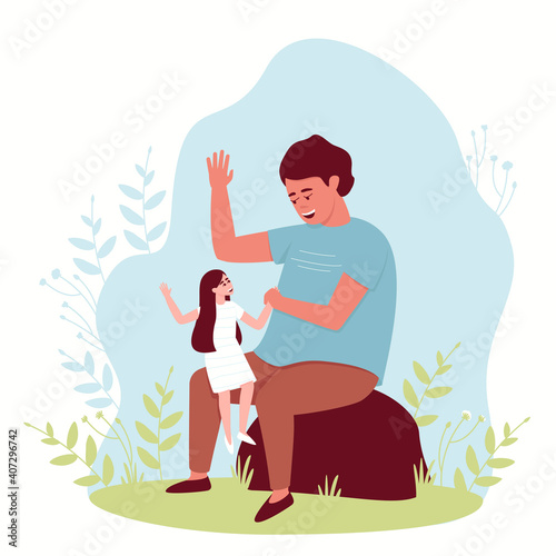 A little girl is sitting on her father's lap. Dad and daughter laugh and play in nature. They raised their palms up. Flat vector illustration.