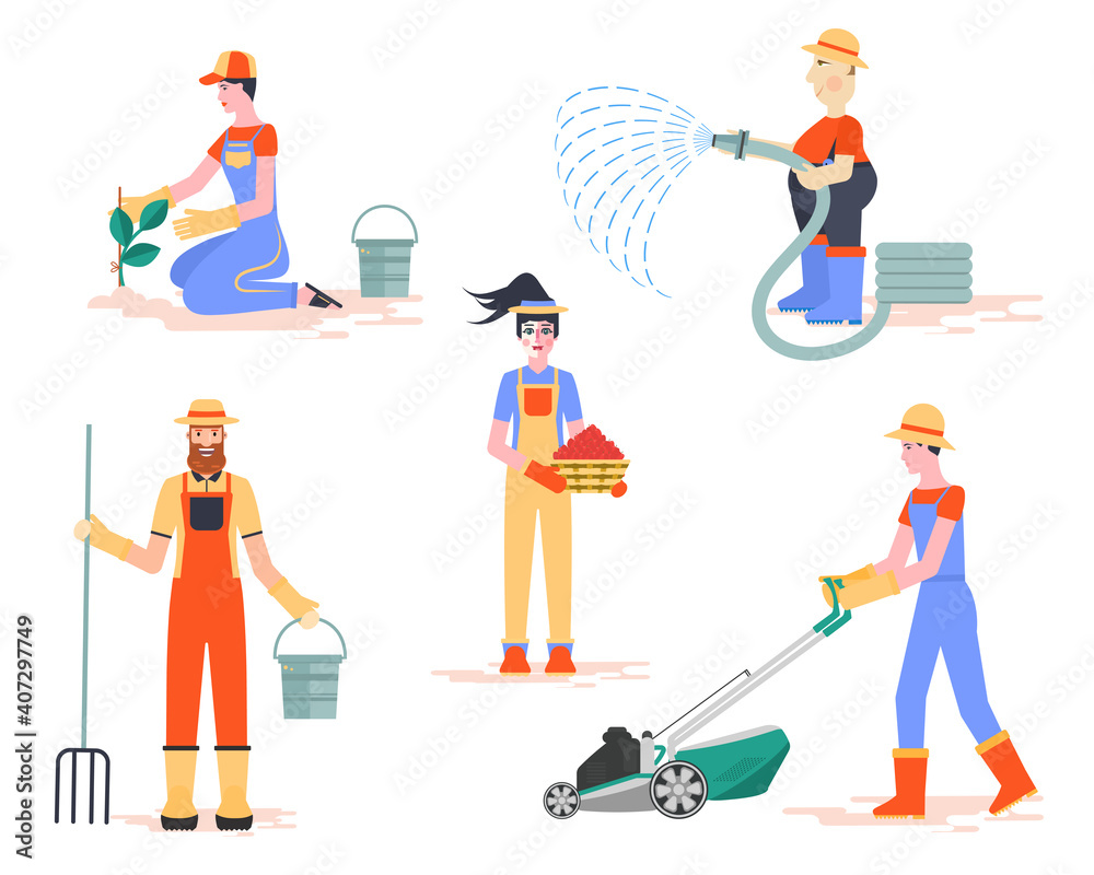 People are characters of gardeners and farmers. Set. Work on a personal plot. The concept of an active lifestyle, working in nature and a clean ecology. Flat vector illustration..