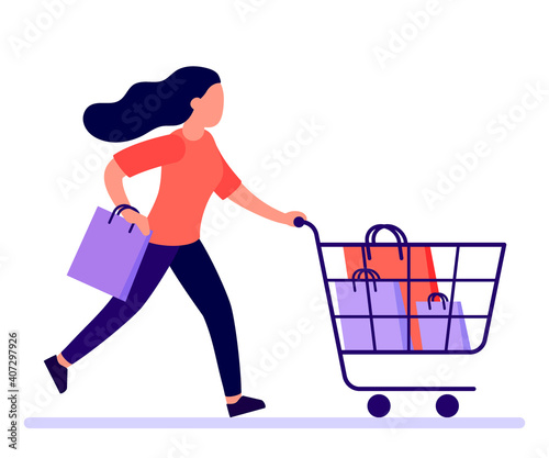Woman hurry run to sale in shop. Girl buyer with shopping cart rush to sale and discount items. Vector illustration