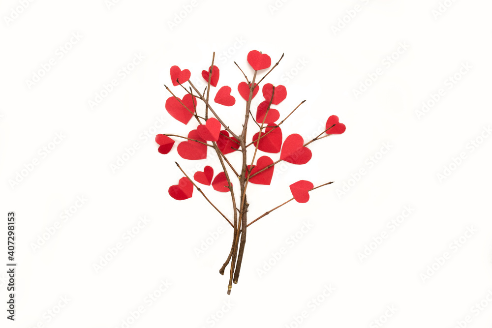 Paper hearts on the tree branches isolated on white background for Valentine's day. Love tree. Flat lay, Top view. Paper hearts on the tree branches isolated on white background for Valentine's day. Love tree. Flat lay, Top view.