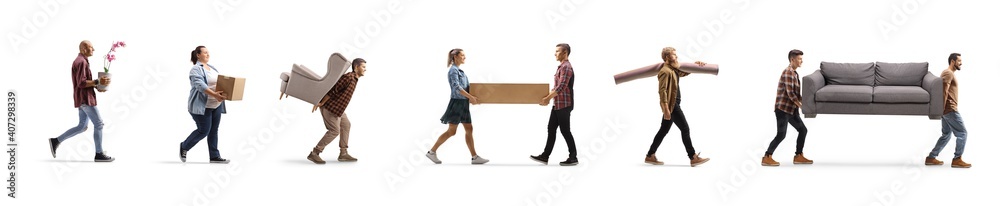 Young people carrying household items - obrazy, fototapety, plakaty 