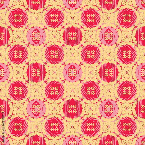 Pink and red rosettes seamless vector pattern on yellow. Surface print design for fabrics, stationery, scrapbook paper, gift wrap, home decor, wallpaper, backgrounds, textiles, and packaging.