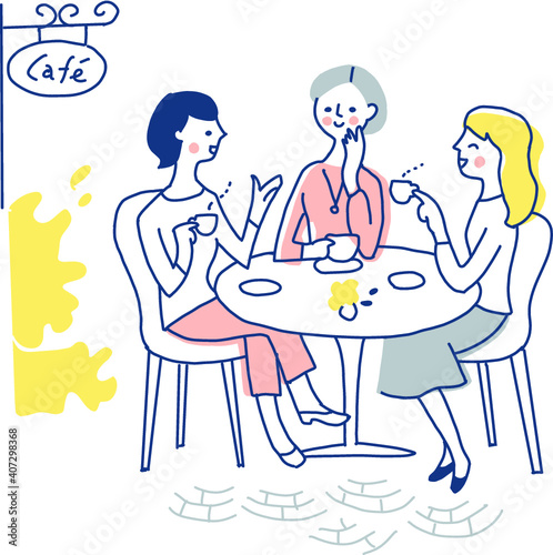 カフェでお茶をする3人の女性