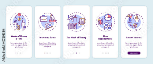 Staff training disadvantages onboarding mobile app page screen with concepts. Money wasting, too much theory walkthrough 5 steps graphic instructions. UI vector template with RGB color illustrations