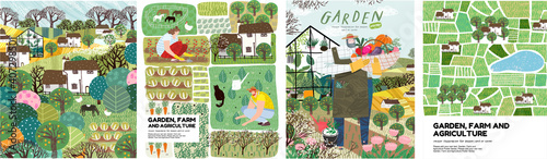 Garden, farm and agriculture. Vector illustration of gardener, garden beds, fields, maps, houses, nature, greenhouse and harvest. Drawings for poster, background or postcard
