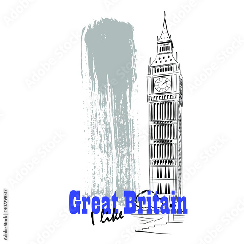 Vector linear illustration of UK architecture. Artistic image of Big Ben Tower.