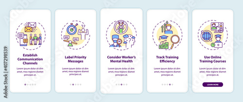 Staff reboarding tips onboarding mobile app page screen with concepts. Communication channels, mental health walkthrough 5 steps graphic instructions. UI vector template with RGB color illustrations