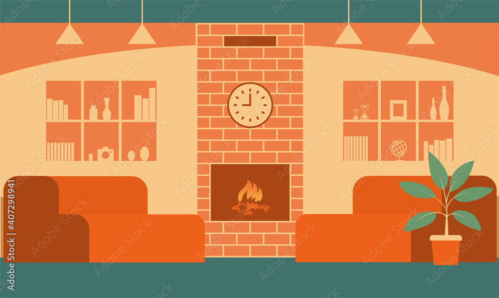 Home room with fireplace. Modern interior of a cozy living space. Sofas, bookshelves, lamps. Vector flat illustration.