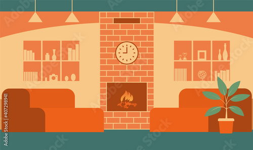Home room with fireplace. Modern interior of a cozy living space. Sofas, bookshelves, lamps. Vector flat illustration.