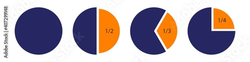 Pie size charts. Presentation of full volume of investments half and third part smallest fourth part of vector total.