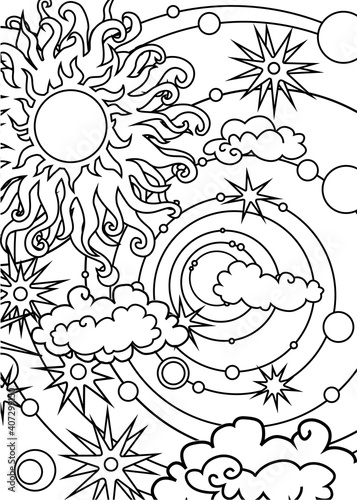 ornamental cosmic coloring page, vector outline illustration