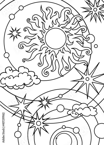 ornamental cosmic coloring page, vector outline illustration