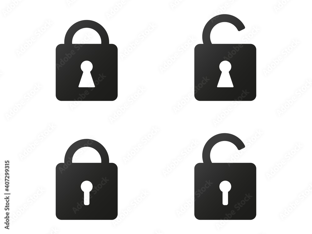 Open and closed locks icons. Confidential protection and unlocked access protection personal property and hacking of personal vector account. Open and closed locks icons. Confidential protection and unlocked access protection personal property and hacking of personal vector account.