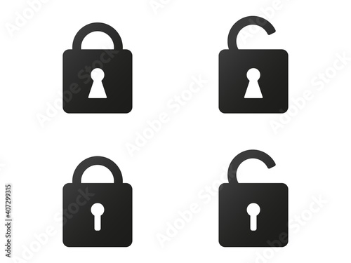 Open and closed locks icons. Confidential protection and unlocked access protection personal property and hacking of personal vector account.