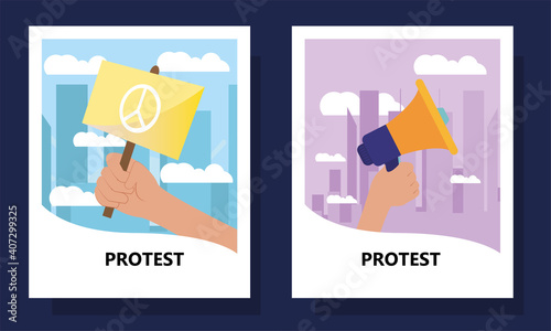 Protest banner and megaphone in frames vector design