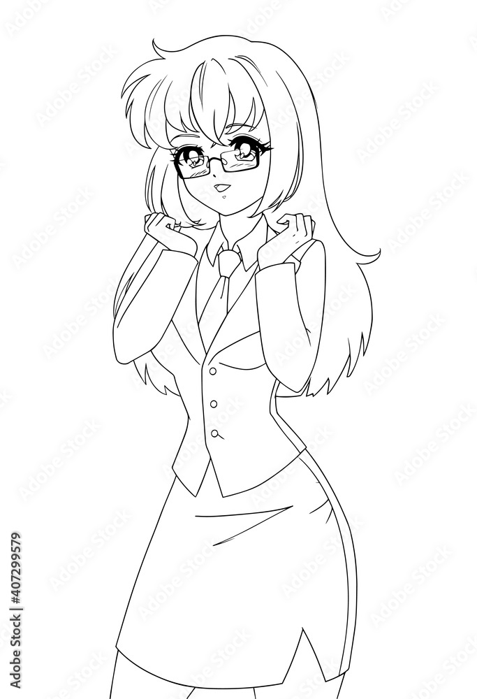 Cute anime manga girl wearing office suit isolated on white background. Cute anime manga girl wearing office suit isolated on white background.