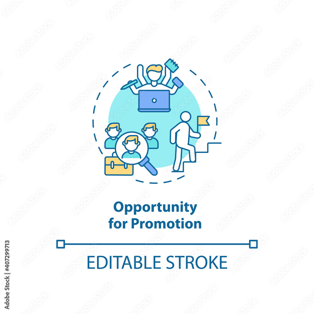 Opportunity for promotion concept icon. Employee position advancement idea thin line illustration. Increasing in responsibilities, status. Vector isolated outline RGB color drawing. Editable stroke Opportunity for promotion concept icon. Employee position advancement idea thin line illustration. Increasing in responsibilities, status. Vector isolated outline RGB color drawing. Editable stroke